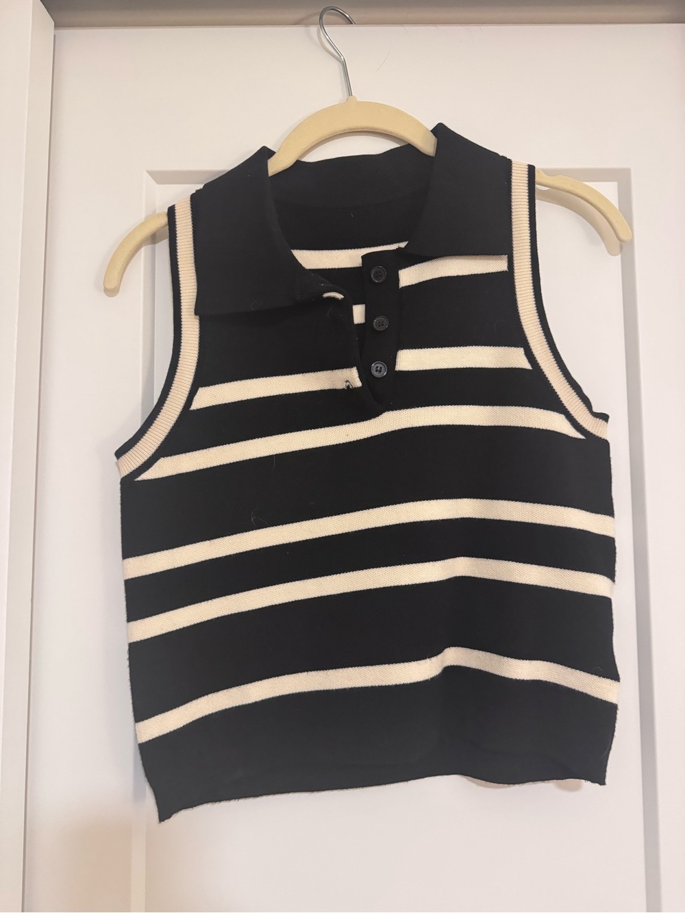 Black & Cream Striped Knit Polo Tank Top